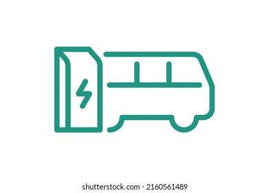 Electric bus charging in charger station linear icon. Electrical e-bus energy charge green symbol. Eco friendly electro vehicle recharge sign. Vector battery powered EV transportation eps logo