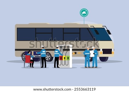 Electric Bus Charging and Maintenance 2d flat vector illustrations