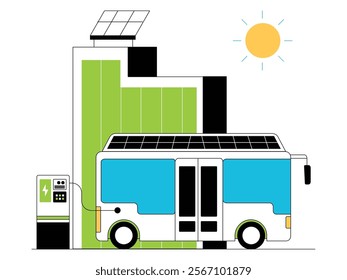 Electric bus charging near solar panels producing alternative energy, green energy vector illustration.