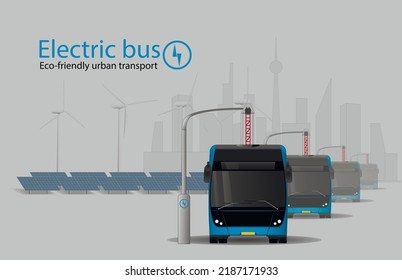 Electric bus at the charging station against the backdrop of renewable energy and a large city. Front view. Flat vector illustration.