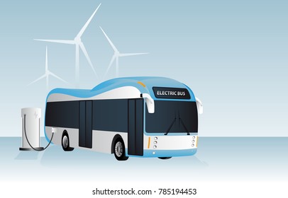 Electric bus is charging at the charging station. In the background wind generators. Vectror illustration EPS 10