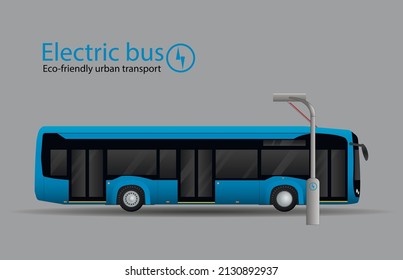 Electric bus at the charging station. A new type of ecological urban transport. Side view. Flat vector illustration.