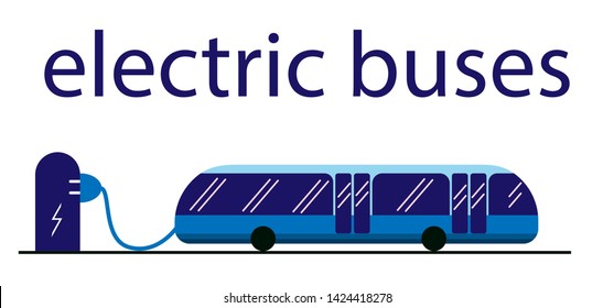 Electric bus in the city on recharging the battery at the bus stop. Eco-friendly bus powered by electricity. Public transport is safe and eco. Text above. White background