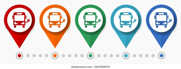 Conjunto de iconos vectoriales de concepto de bus eléctrico, punteros de transporte de energía limpia de diseño plano, plantilla infográfica fácil de editar