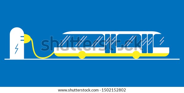 Electric bus in a flat style. Suitable\
for the logo. Electric public transport powered by electricity.\
Charges at the station via cable. Blue\
background
