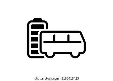 Electric bus with fully charged battery energy indicator black linear icon. Electrical city passenger transport accumulator charger symbol. Electro charging auto. Eco friendly vehicle recharge sign