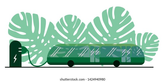 An electric bus of green color on the background of green leaves of Monstera is charged by electricity. Bus recharging standing at the bus stop. Ecological public transport. White background