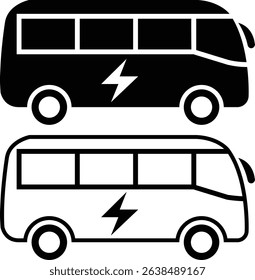 Electric Bus Icon Set Black and White Vector Illustrations for Sustainable Transportation Designs, Websites, and Applications. Perfect for eco-friendly projects, showcasing clean energy solutions