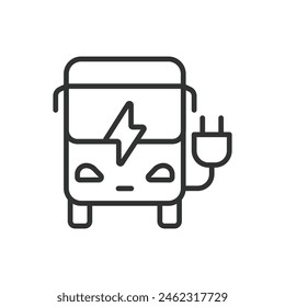  Electric bus, in line design. Electric, bus, transportation, eco-friendly on white background vector. Electric bus editable stroke icon.