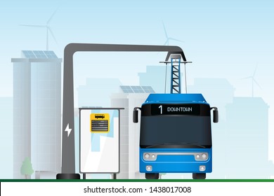 Electric bus on the street of the city that uses clean energy. Vector illustration EPS 10