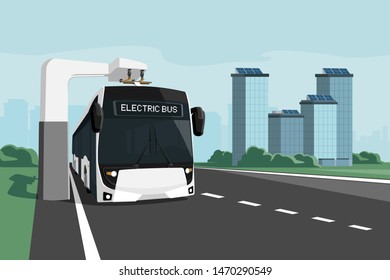 Electric bus stands at the charging station. Vector illustration