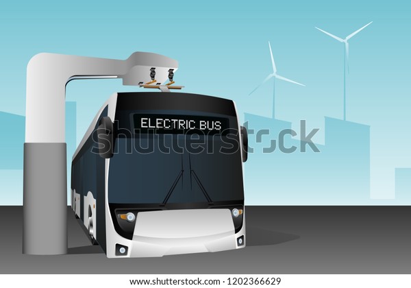 Electric bus at a stop is charged by pantograph.\
Vector illustration EPS\
10