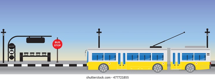 Electric bus and Trailer or Trolley bus at bus stop Vector Illustration