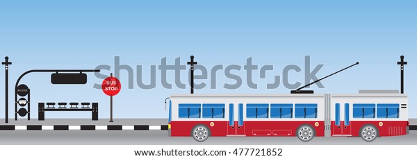 Electric bus and Trailer or Trolley bus at\
bus stop Vector\
Illustration