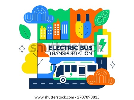Electric Bus Transportation Illustration Featuring an Electric City Bus Charging at a Power Station with an Environmentally Friendly Public Vehicle