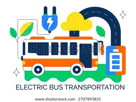 Electric Bus Transportation Illustration Featuring an Electric City Bus Charging at a Power Station with an Environmentally Friendly Public Vehicle