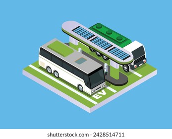 Electric bus and truck charging on solar cell powered charging station 3d isometric vector illustration