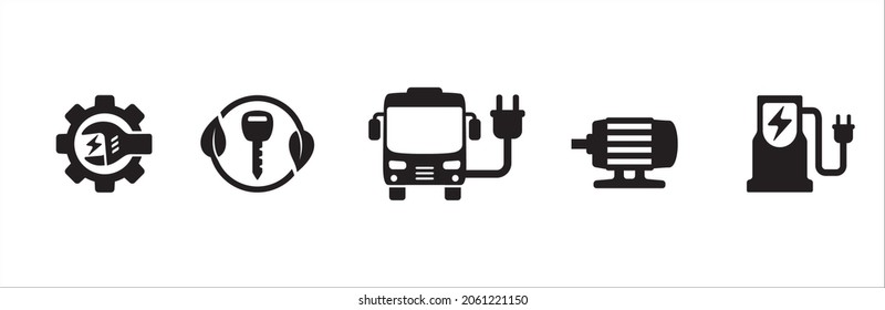 Electric Bus Vector Icon Set. Renewable Electric Power Vehicle Icons Illustration. Contain Icon Such As Bus, Eco Friendly Key Symbol, Motor, Charging Station, Maintenance And Repair