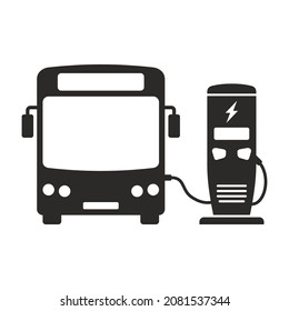 Electric bus. Electric vehicle recharging point. EV charging station. Vector icon isolated on white background.