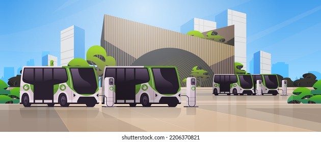 electric buses charging parking at the charger station with a plug in cable electrified transportation e-motion EV management