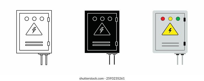 Electric cabinet icon. Power control panel vector illustration. Energy distribution symbol. Industrial voltage safety sign. Transformer circuit network concept