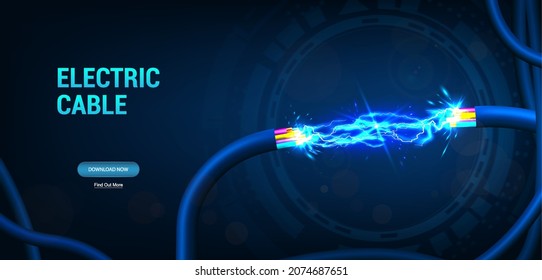 Electric cable background with sparks and bare wires. Realistic 3D illustration. Fiber optic cable for communication technology and connecting element. Wiring with electric spark. Vector banner