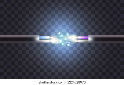 Electric cable break. Copper electrical cable in multi-colored insulation with electric spark. Two-core cable on a dark background. Presentation Template