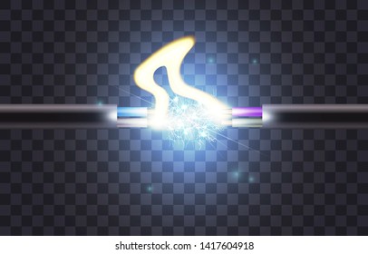 Electric cable break. Copper electrical cable in multi-colored insulation with electric spark. Two-core cable on a dark background. Presentation Template