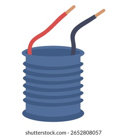 Bobina de cabo elétrico com fios vermelhos e pretos. Ilustração do carretel do fio de energia. Rolo de arame elétrico para construção.