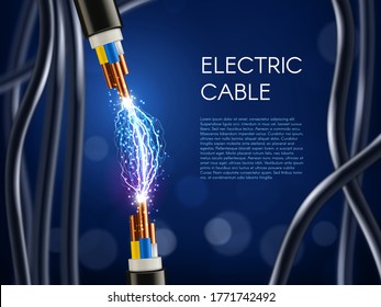 Electric cable with copper wire conductors. Vector 3d wiring, realistic wire cable with multicolored insulation and electric spark. Electricity, internet and television technology cord supply poster