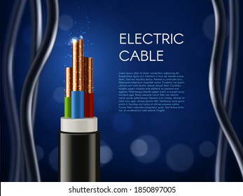 Electric cable with copper wire conductors. Vector 3d wiring, realistic wire cable with multicolored insulation and electric spark. Electricity, internet and television technology cord supply poster