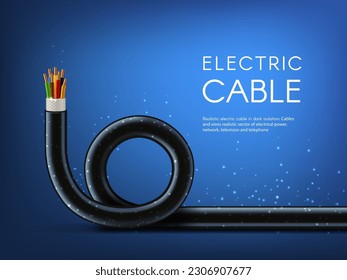 Electric cable with copper wire conductors. Energy supply industry technology or electric circuit engineering 3d vector background. Cable and wiring installation service realistic backdrop or banner