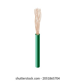 Electric cable cut open with copper wires coming out from inside. Realistic green energy cord cylinder with fiber wiring, isolated vector illustration.