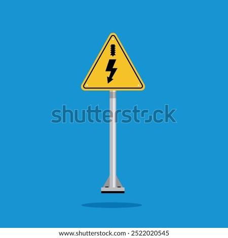 electric cable in front of road sign with yellow triangle board. Suitable for poster and web icon