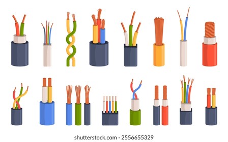 Electric cable isolation. Copper wires, colorful short pieces, power generation elements, flexible current conductors, voltage connection, cartoon flat isolated nowaday vector supply set