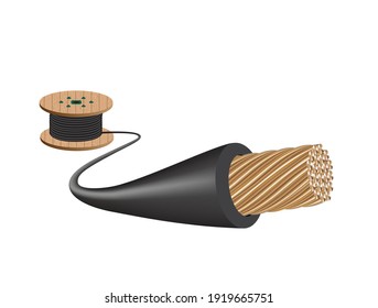 Electric cable on white background. Copper wire is the electric conductor of urban society.