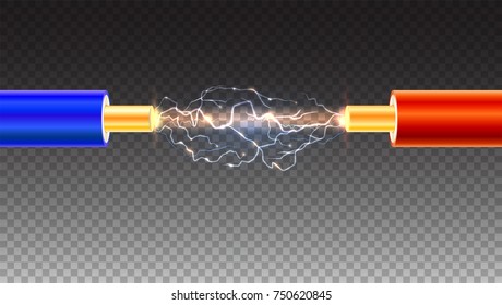 Electric cable with sparks on transparent background. Copper electrical cable in colored insulation and electrical arc between the wires. Backdrop for presentation or advertising.