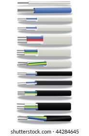 Electric cable. The vector image of a 1-wire, 2-wire and 3-wire electric aluminium cable