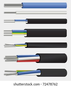 Electric cable. The vector image of a 1-wire, 2-wire, 3-wire and  4-wire electric aluminium cable