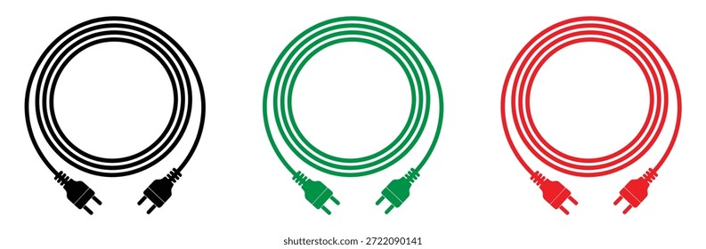 Cabos elétricos em preto, verde e vermelho sobre fundo branco, conjunto de ícones de cabo. Símbolo e sinal de ícone de fios e cabos elétricos. Ilustração vetorial