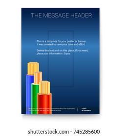 Electric cables in the colored braid. Vertical print design for presentation, posters, banners or advertising. 3D illustration. Electrical insulated, stranded copper wires