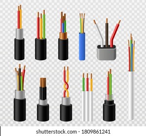 Electric cables. Industrial copper power industrial wire, colorful 3d telephone internet conductors. Voltage electrical connections, electricity vector realistic set isolated on transparent background