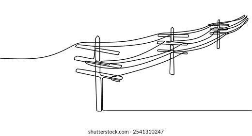 Cabos elétricos em polos. Um desenho de linha contínua que representa a distribuição de energia e a infraestrutura elétrica.