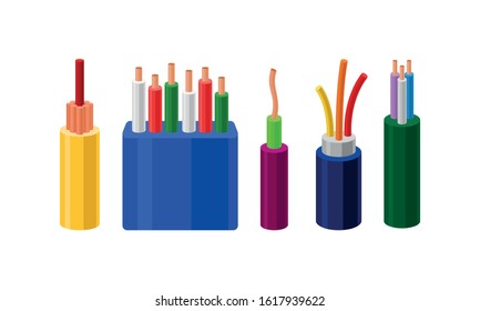 Electric Cables Vector Set. Colorful Electric Wires in Braid Collection