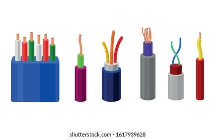 Electric Cables Vector Set. Colorful Electric Wires in Braid Collection