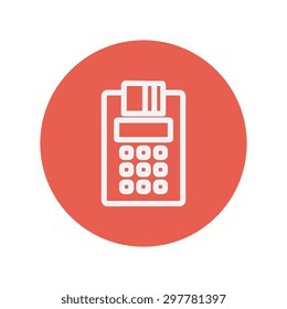 Electric calculator with paper thin line icon for web and mobile minimalistic flat design. Vector white icon inside the red circle.