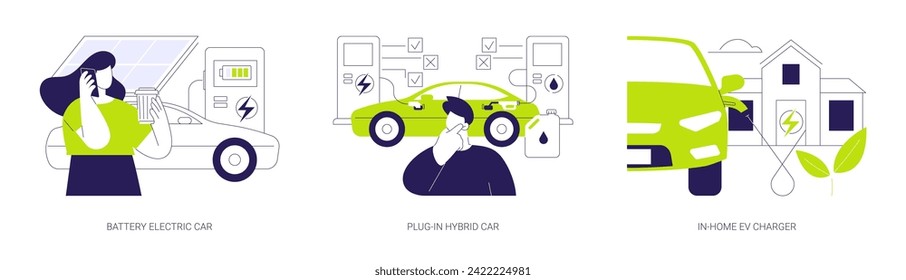 Electric car abstract concept vector illustration set. Battery electric car, plug-in hybrid vehicle, in-home EV charger, gas station, eco-friendly sustainable urban transportation abstract metaphor.