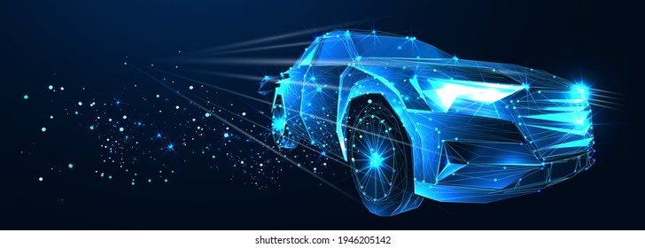 Electric car. Abstract vector 3d high speed sports car. Highway road. Isolated on  dark blue background. Digital futuristic polygonal low poly  mesh illustration