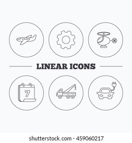 Electric car, airplane and helicopter icons. Evacuator linear sign. Flat cogwheel and calendar symbols. Linear icons in circle buttons. Vector