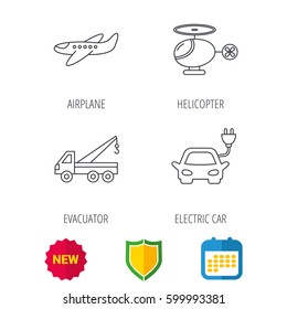 Electric car, airplane and helicopter icons. Evacuator linear sign. Shield protection, calendar and new tag web icons. Vector